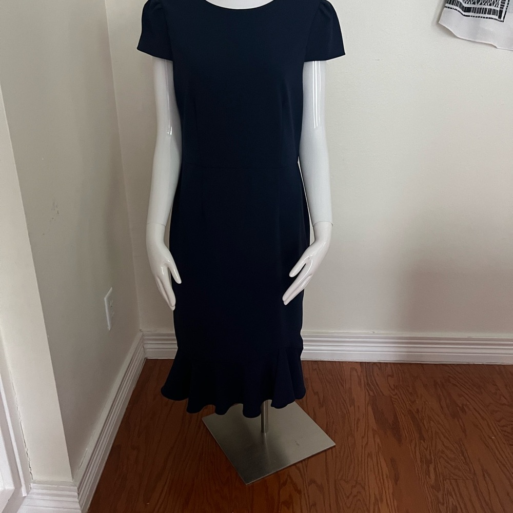 Betsey Johnson Navy Short-Sleeve Midi Dress with Ruffle Hem